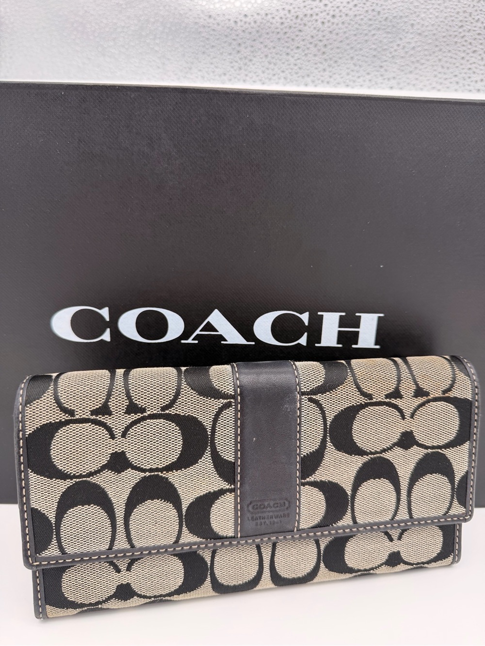 Coach Beige and Black Signature Continental Wallet
